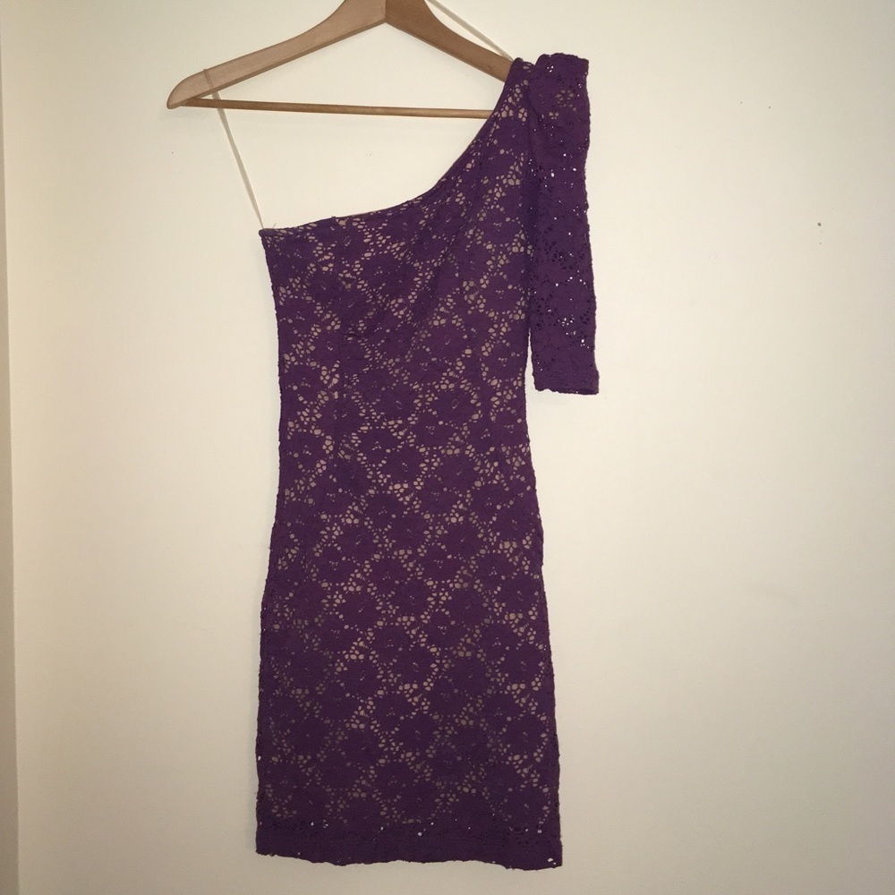 Seductions Purple Lace One Shoulder Long Sleeve Short Mini Bodycon Dress XS 0 2